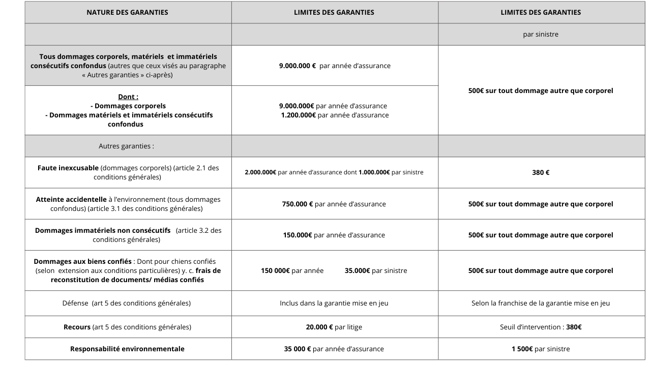 Tableau des montants de garanties et franchises AXA